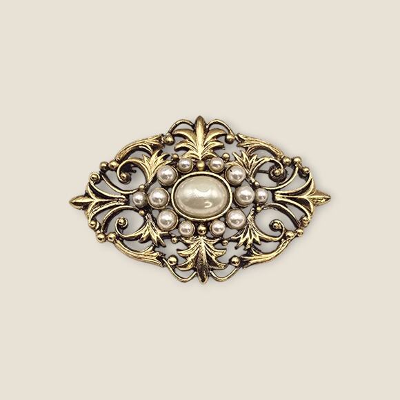 Vintage Gold Pearl Filigree Brooch – Regency Victorian Style Pin - Picture 1 of 7